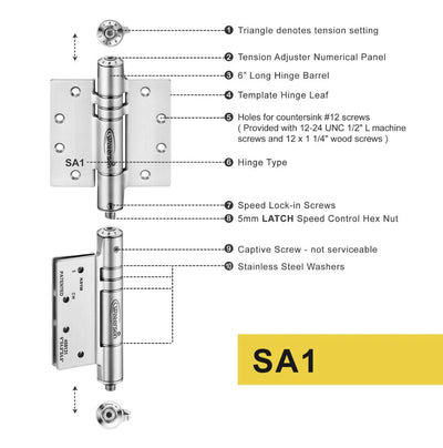 Mechanical Adjustable Self Closing Hinge - 5” x 5” - Fire-rated Stainless Steel - Full Mortise - For 1-3/4" - 2-1/2" Thick Doors up to 260 lbs. - 3 Pack