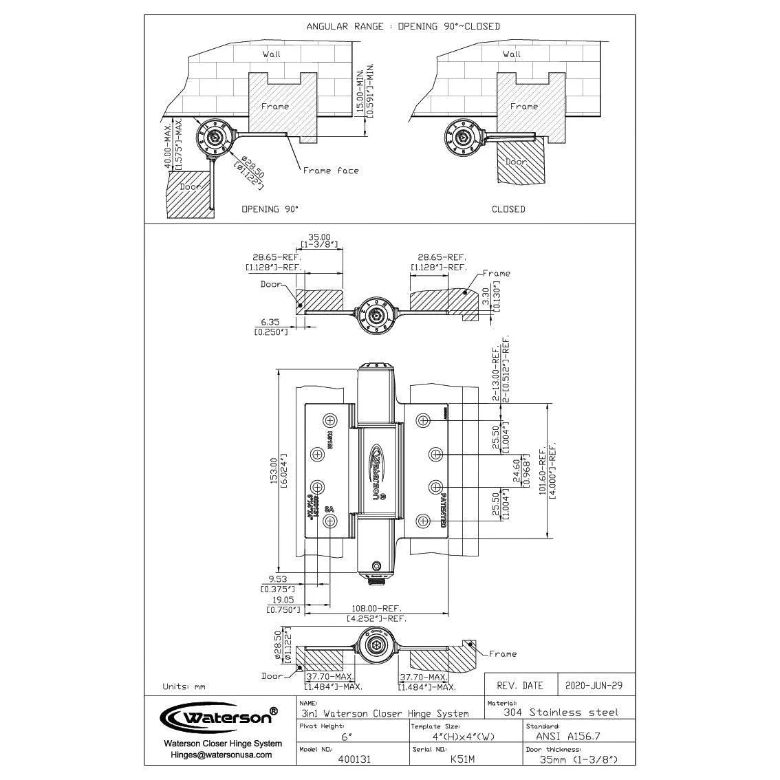 Heavy Duty Arch Door Closer -  Self-Closing Spring Hinges  - 4" x 4" Inch - Full Mortise  - 304 Stainless Steel - For 1-3/4"  Thick Doors up to 260 lbs. - 3 Pack