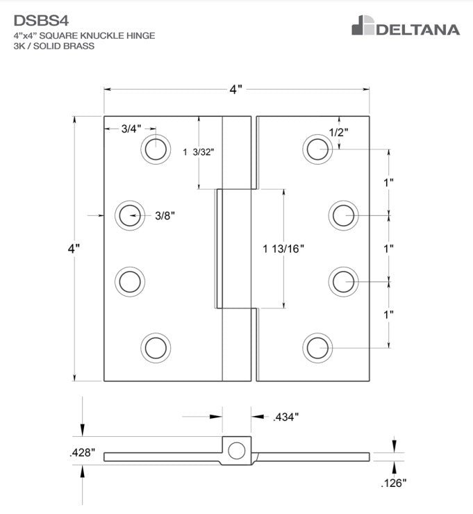 Solid Brass Square Knuckle Hinges 4"x4" - 2 Pack