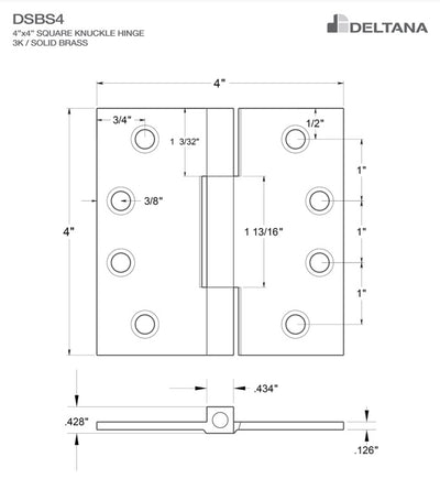 Solid Brass Square Knuckle Hinges 4"x4" - 2 Pack